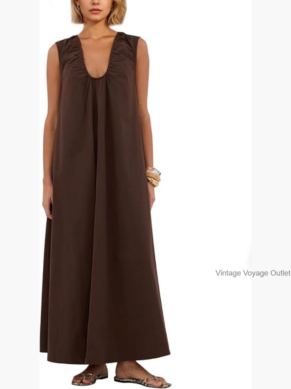 Sleeveless Brown Maxi Dress with Scoop Neck